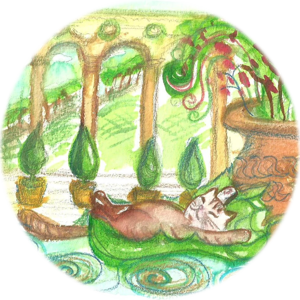 Watercolour: a cat lies stretched out on a green water lily leaf in a pool, behind it a colonnade with potted cypresses